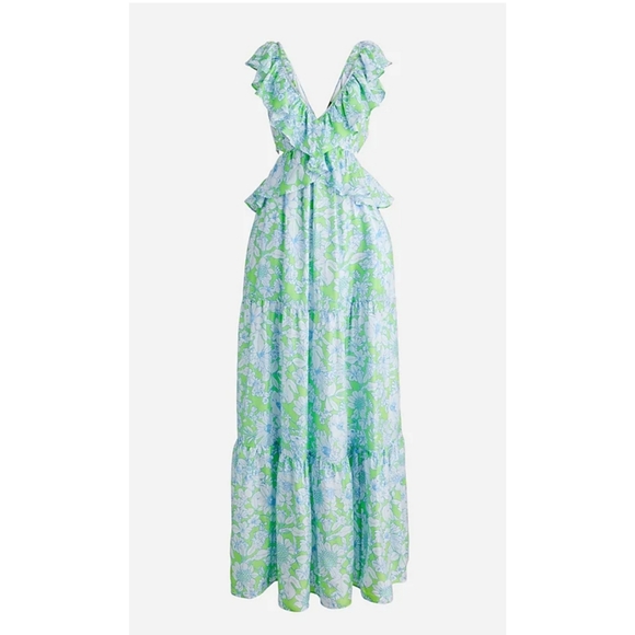 71. J.Crew Collection ruffle-trim cutout maxi dress in lime floral - Picture 4 of 12